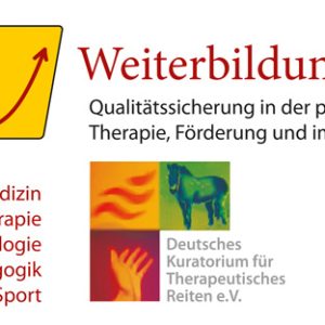 Logo und Text zur Weiterbildung in der pferdestützten Therapie, inklusive Symbole von einem Pferd und einem Aufwärtspfeil, Zusatzinformationen zu Disziplinen wie Medizin, Psychotherapie, Psychologie, Pädagogik und Sport, sowie der Hinweis auf das Deutsche Kuratorium für Therapeutisches Reiten e.V.