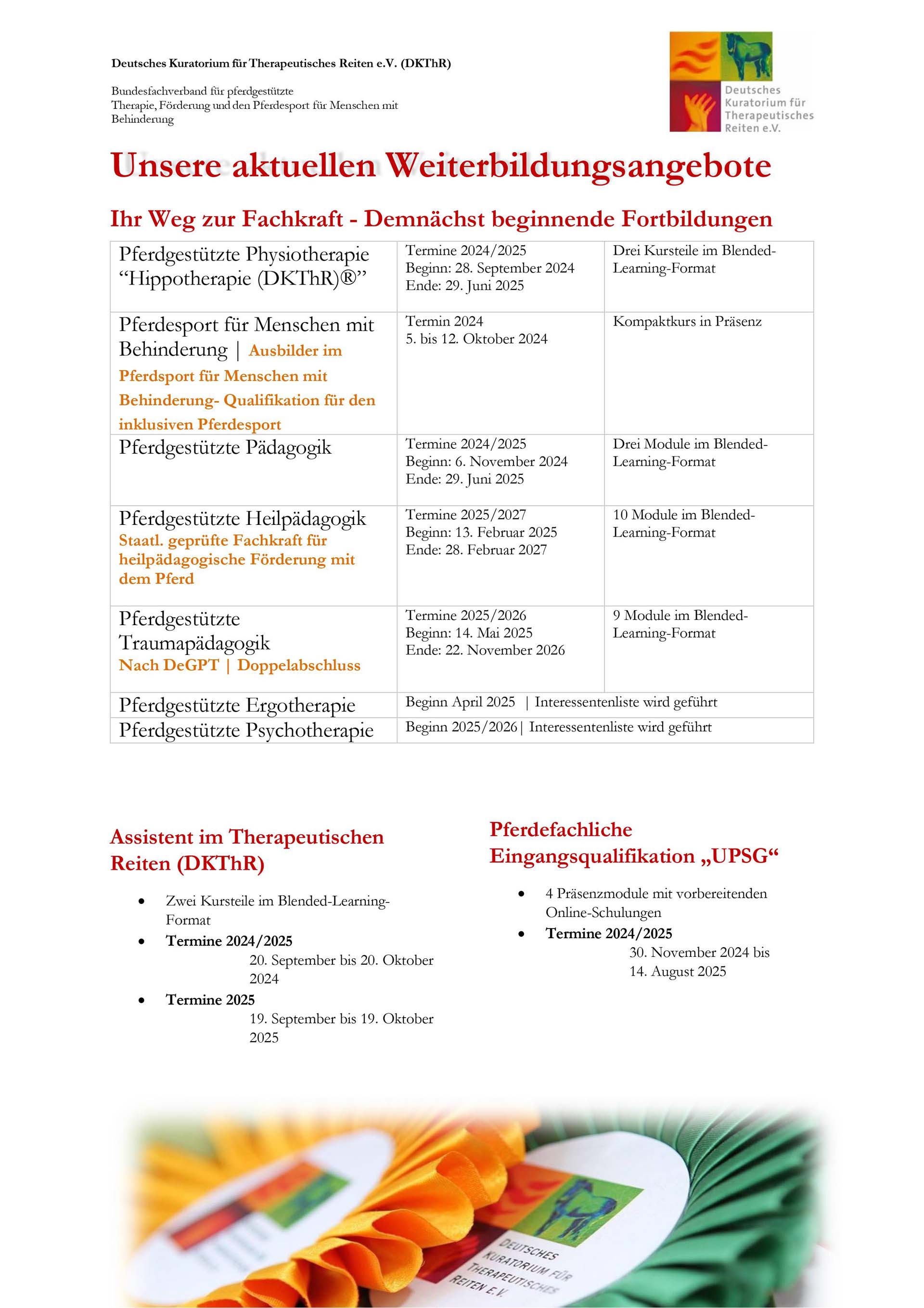 Unsere aktuellen Weiterbildungsangebote | Fortbildungen zur Fachkraft | Stand 04.09.2024