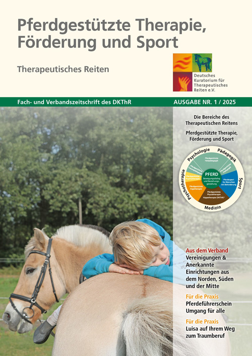 Ein Magazincover mit dem Titel "Pferdgestützte Therapie, Förderung und Sport". Im Vordergrund ist ein Pferd mit einer Person zu sehen, die sich an dessen Rücken anlehnt. Der Hintergrund zeigt eine Wiese. Das Cover enthält verschiedene Texte und Grafiken, darunter ein Logo und Informationen über die Zeitschrift des Deutschen Kuratoriums für Therapeutisches Reiten.