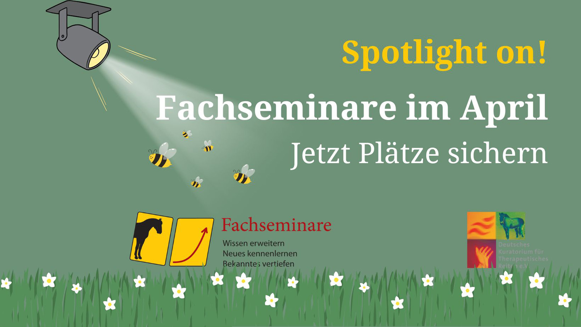 Ein grafisches Plakat mit einer grünen Hintergrundfarbe, das einen Ausstrahlungseffekt eines Scheinwerfers zeigt, der auf den Text "Fachseminare im April" sowie die Aufforderung "Jetzt Plätze sichern" fällt. Im unteren Bereich sind Bienen und grafische Symbole, die einen Pferdekopf und einen Pfeil zeigen, sowie eine Beschreibung zu Fachseminaren angebracht. Zudem ist ein Logo des "Deutschen Kuratoriums für Therapeutisches Reiten e.V." sichtbar.