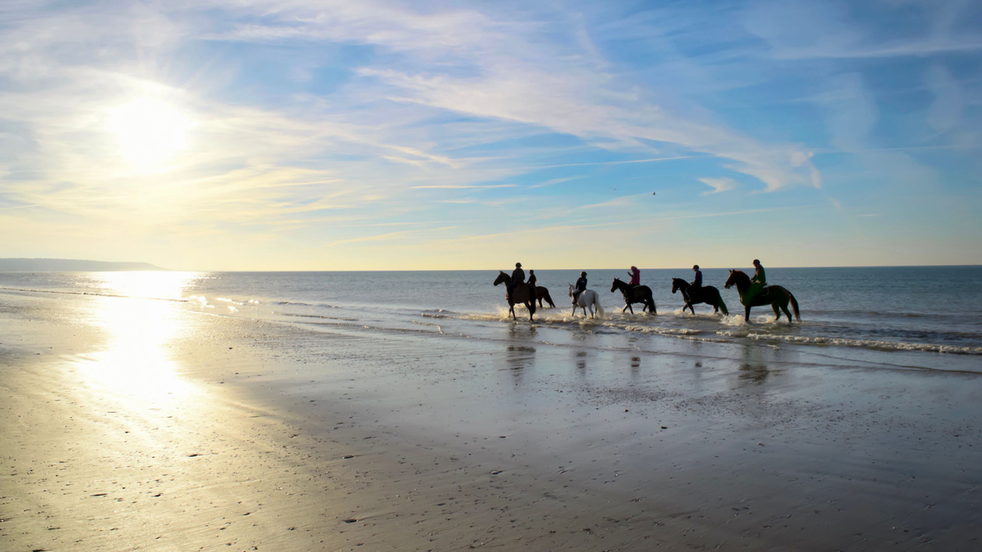 Sommerzeit. Erholung. Kraft tanken. Foto: iStock Reiter auf Pferden, die am Ufer eines Strandes entlang galoppieren, während die Sonne über dem Meer scheint und den Sand reflektiert.