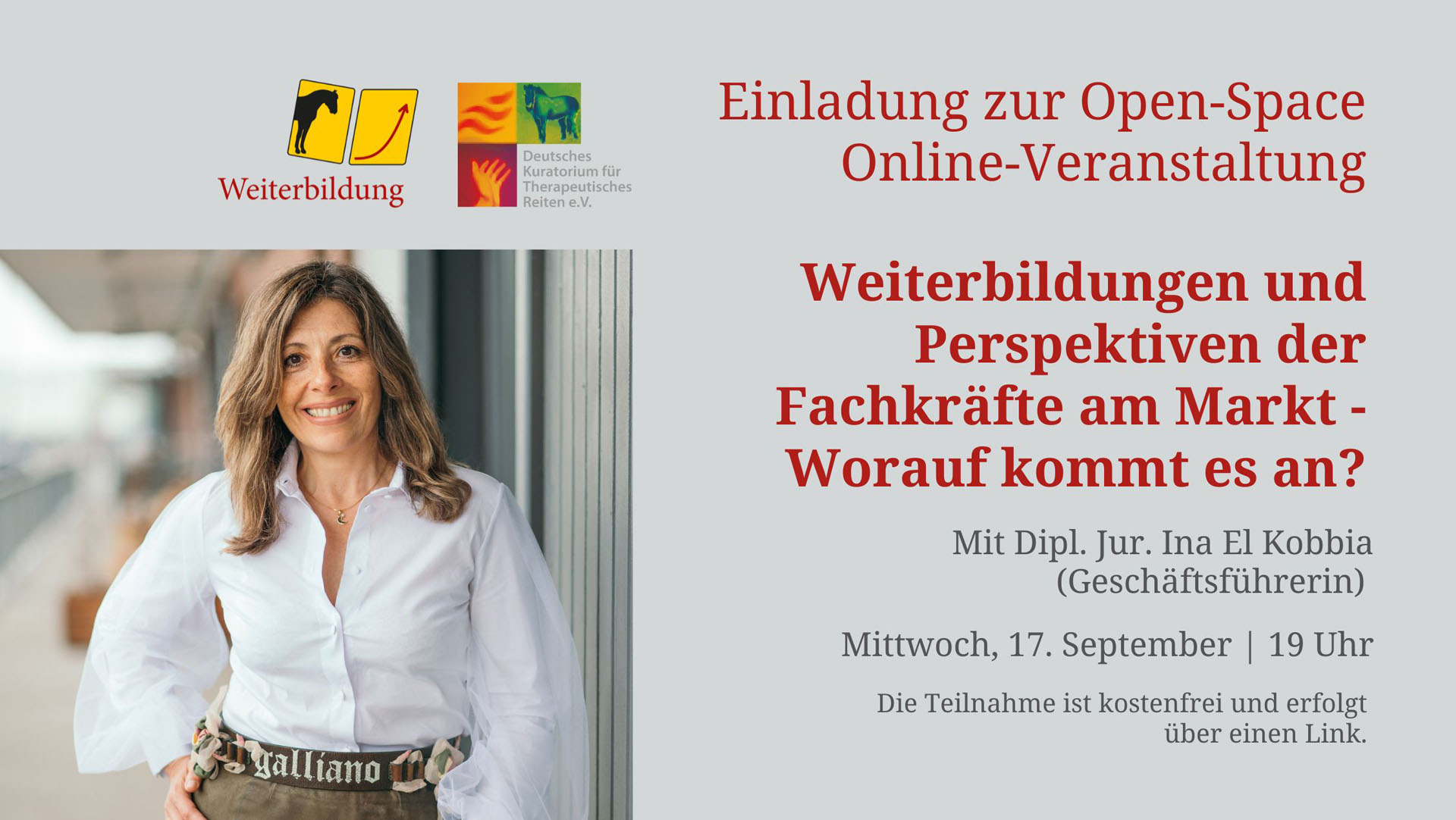 Open Space Online Veranstaltung Weiterbildung 17.09.2025 Einladung zur Online-Veranstaltung über Weiterbildungen und Perspektiven von Fachkräften mit einem Porträt von einer nach rechts blickenden Frau mit langen, lockigen Haaren, die ein weißes Hemd trägt, vor einem modernen Hintergrund.