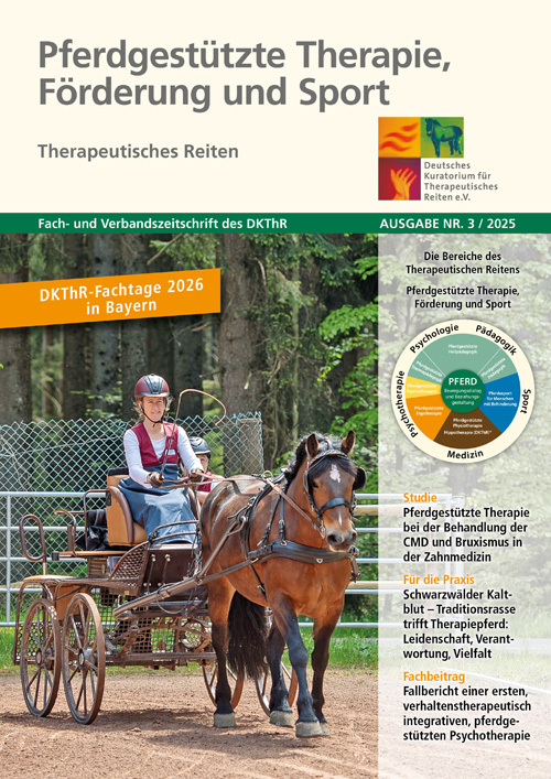 Eine Fachzeitschrift über pfergestützte Therapie, mit einem Bild einer Person, die ein Pferd in einer therapeutischen Umgebung führt. Der Titel und die Themen der Ausgabe wie Therapie, Förderung und Sport sind auf der Zeitschrift abgebildet.