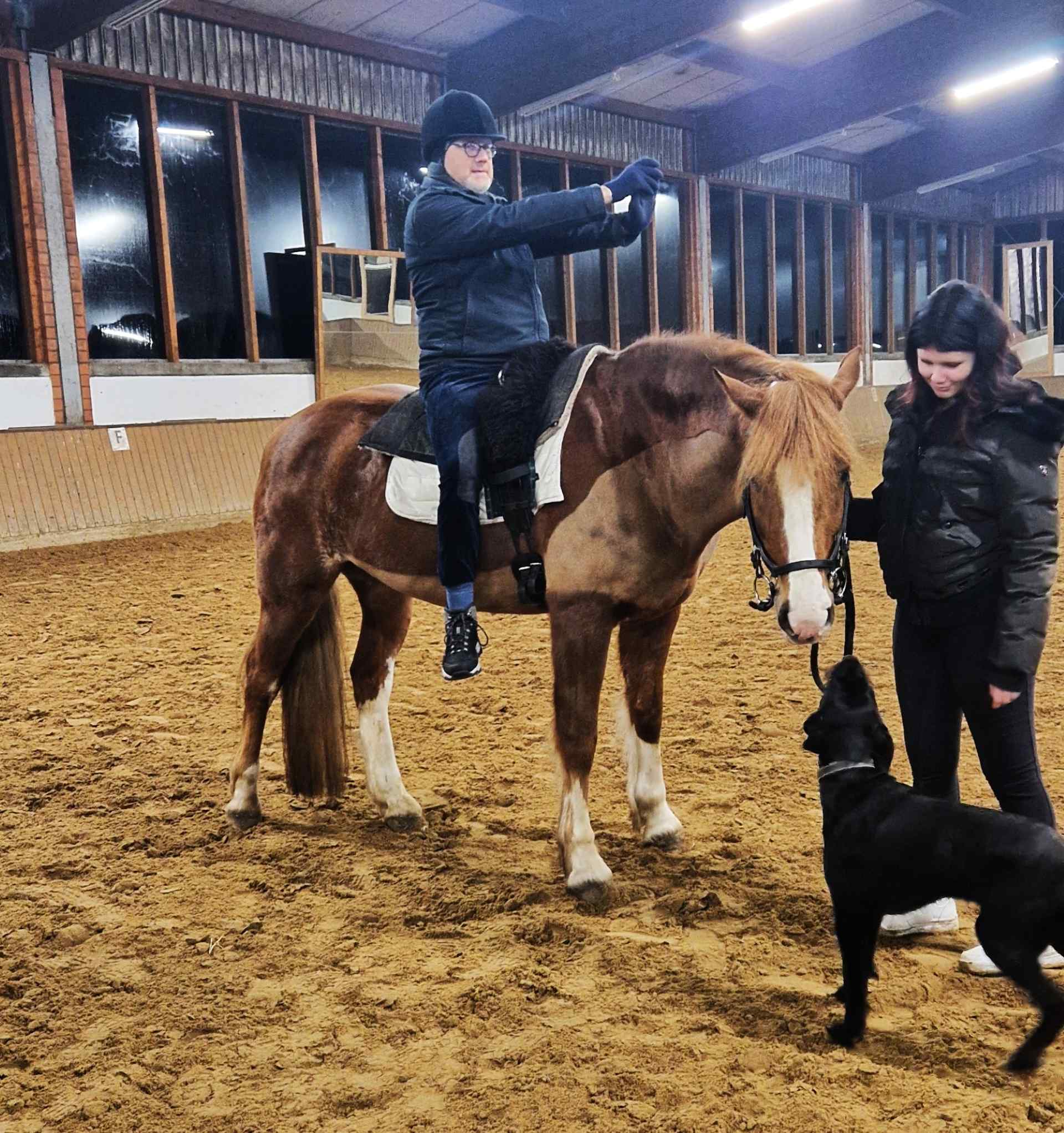 Eine Person sitzt auf einem braun-weißen Pferd in einer Reithalle, während eine andere Person und ein schwarzer Hund in der Nähe sind.